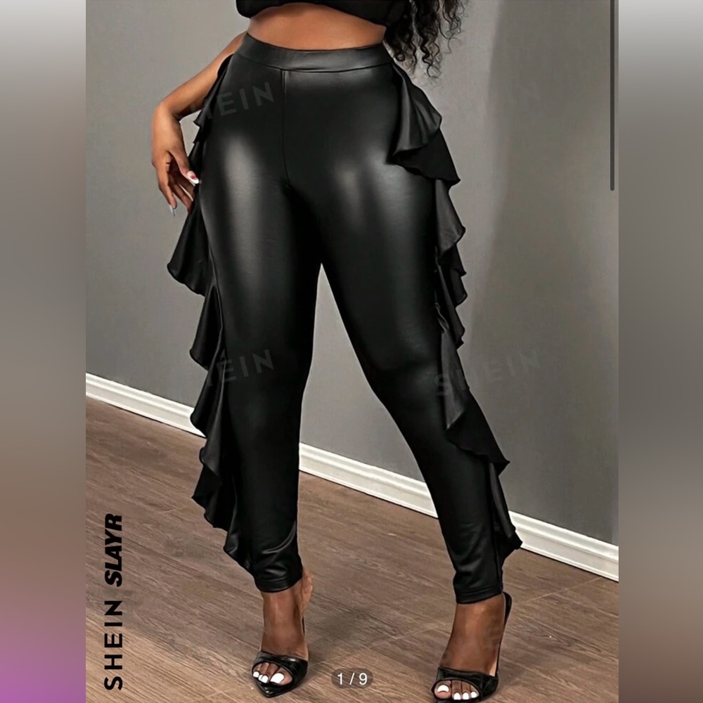 SHEIN black PU leather Ruched hem paneled pants